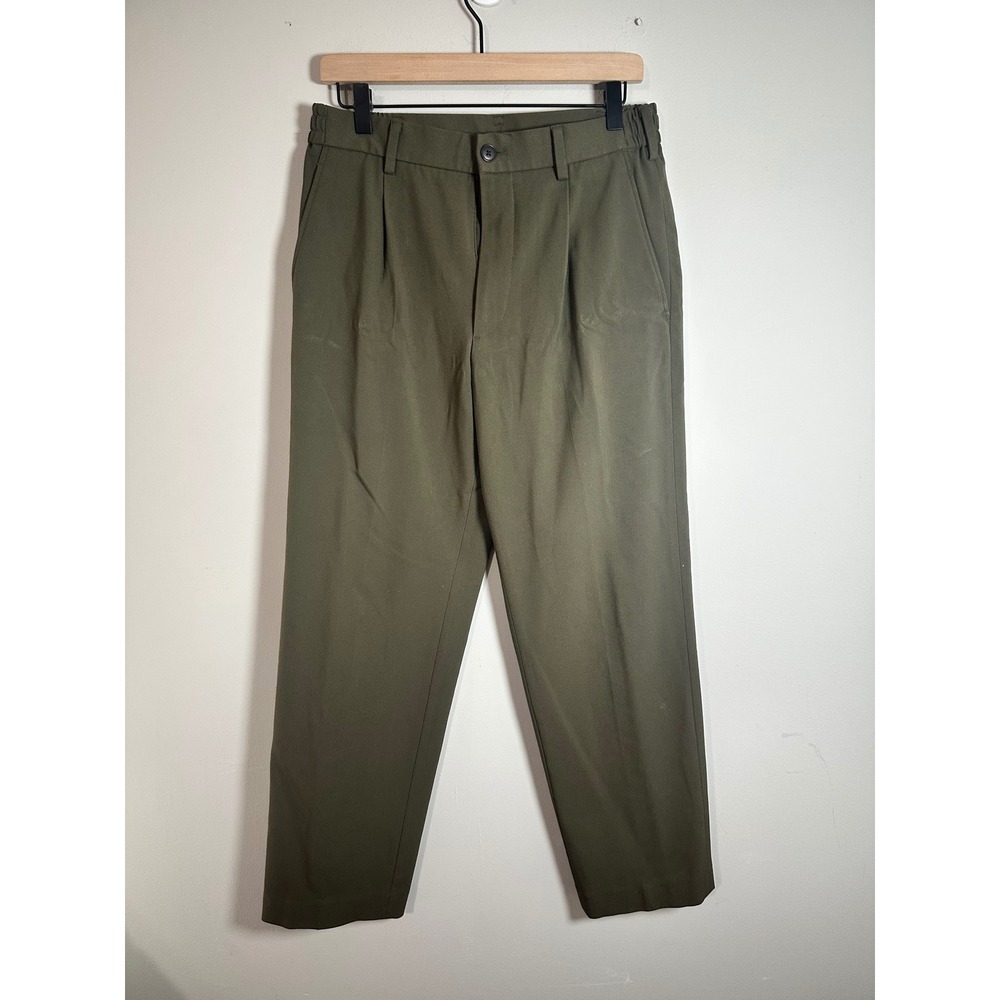 Uniqlo Mens Pleated Wide Pants Olive Green Elastic Waist Trousers 462197 Size S